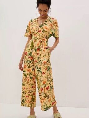 FARM Rio Yellow Floral Short-Sleeve Wide-Leg Jumpsuit
